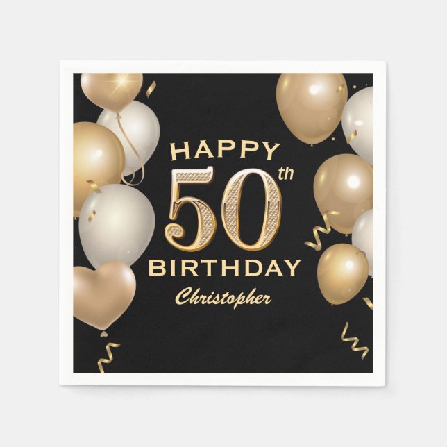 50th Birthday Party Black and Gold Balloons Napkin (Front)