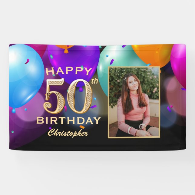 50th Birthday Party Black and Gold Balloons Photo Banner (Horizontal)