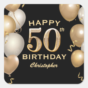 50th Birthday Party Black and Gold Balloons Square Sticker
