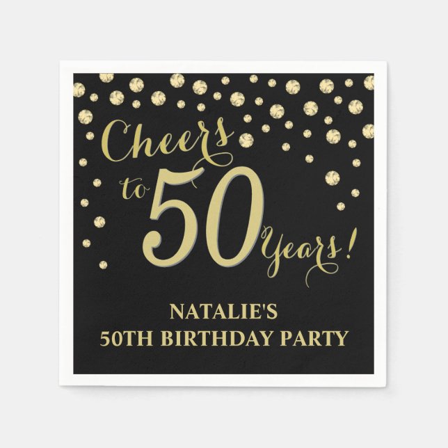 50th Birthday Party Black and Gold Diamond Napkins (Front)