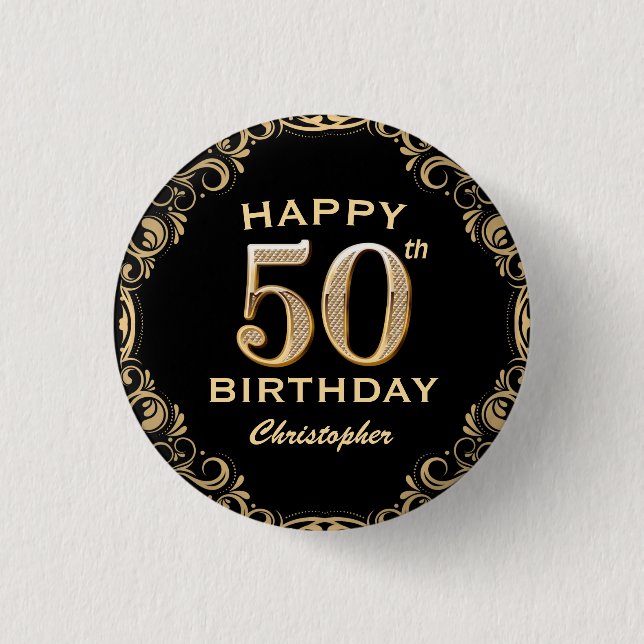 50th Birthday Party Black and Gold Glitter Frame 3 Cm Round Badge (Front)