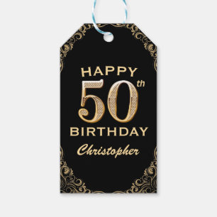 50th Birthday Party Black and Gold Glitter Frame Gift Tags