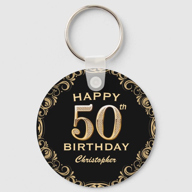 50th Birthday Party Black and Gold Glitter Frame Key Ring (Front)