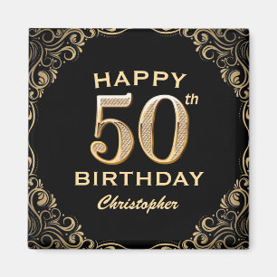 50th Birthday Party Black and Gold Glitter Frame Magnet