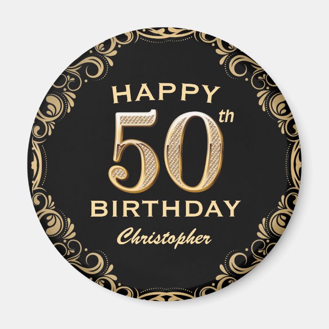 50th Birthday Party Black and Gold Glitter Frame Magnet (Front)