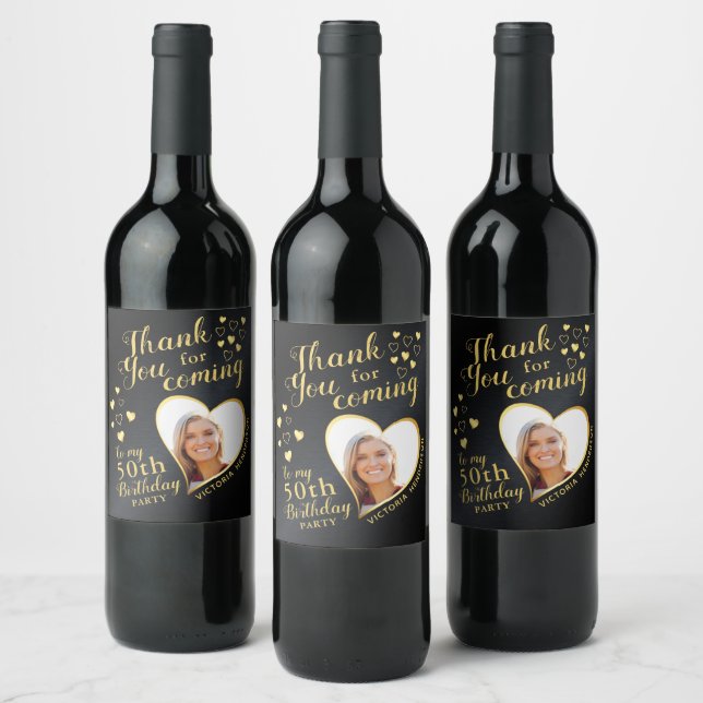50th Birthday Party Black and Gold Photo Thank You Wine Label (Bottles)