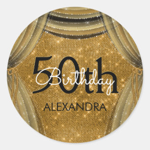 50th Birthday Party Black and Gold Sparkle Classic Round Sticker