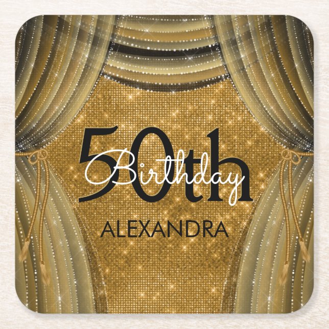 50th Birthday Party Black and Gold Sparkle Square Paper Coaster (Front)