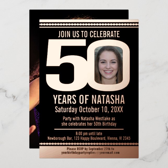 50th Birthday party black and rose gold foil photo (Front/Back)