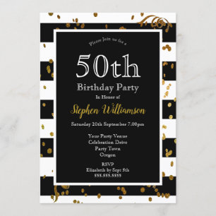 50th Birthday Party Black and White   Gold Glitter Invitation