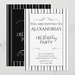 50th Birthday Party Black and White Stripes Invitation