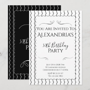 50th Birthday Party Black and White Wavy Lines Invitation