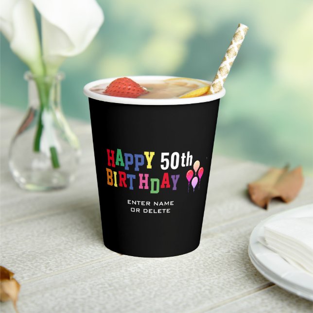 50th Birthday Party Black Balloons Personalised Paper Cups (Insitu)