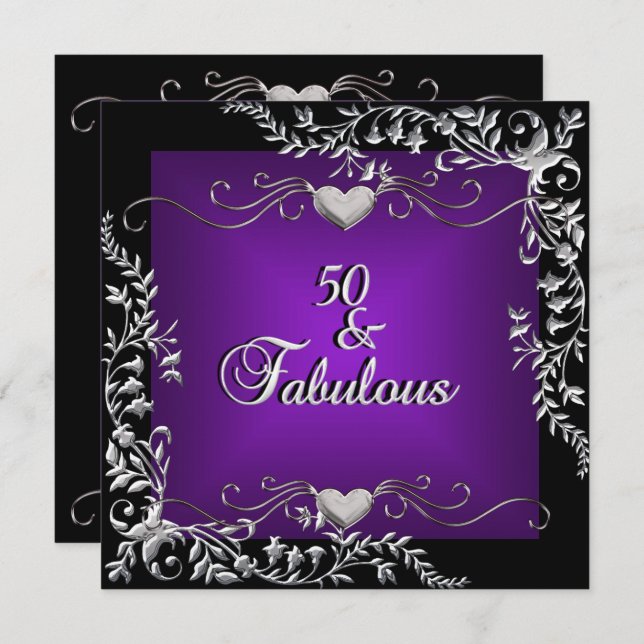 50th Birthday Party Black Bright Deep Purple Big Invitation (Front/Back)