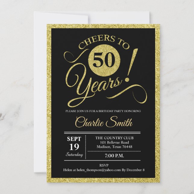 50th Birthday Party - Black Gold ANY AGE Invitation (Front)