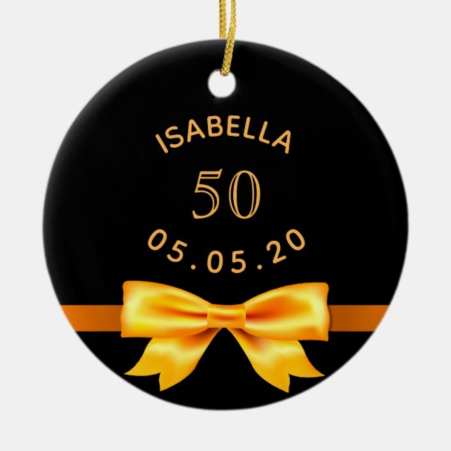 50th birthday party black gold bow ceramic ornament (Front)
