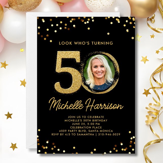 50th Birthday Party Black Gold Confetti Photo  Invitation (Creator Uploaded)