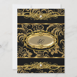 50th Birthday Party Black Gold Damask Floral Invitation