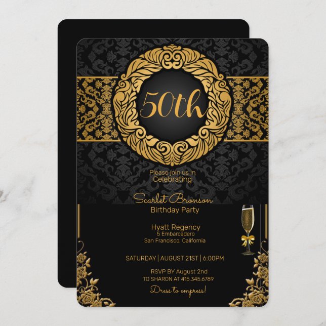 50th Birthday Party Black & Gold Elegant Birthday Invitation (Front/Back)