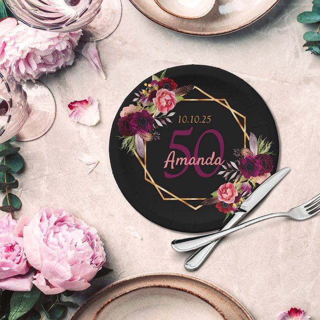 50th birthday party black gold geo floral burgundy paper plate (Creator Uploaded)