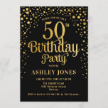 50th Birthday Party - Black & Gold Invitation<br><div class="desc">50th Birthday Party Invitation.
Elegant design in black and faux glitter gold. Features stylish script font and confetti. Message me if you need custom age.</div>