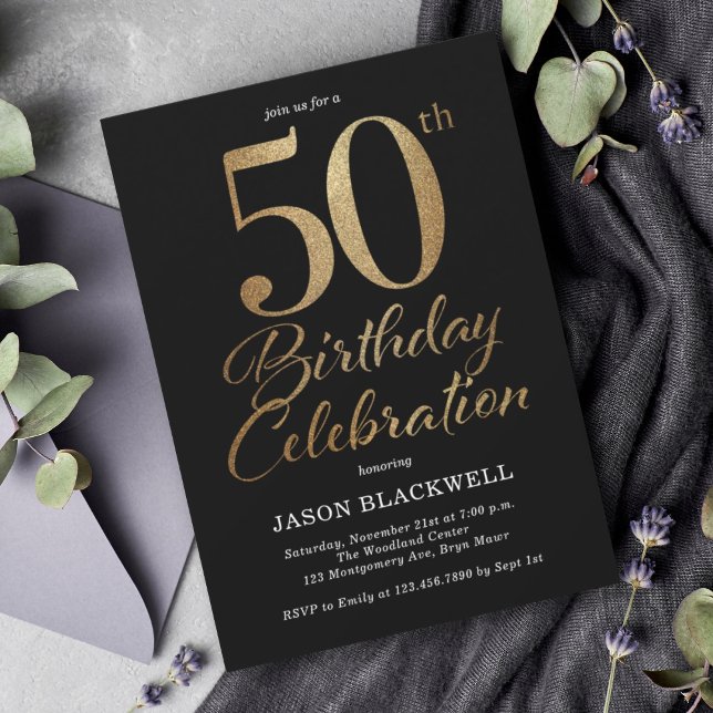 50th Birthday Party Black & Gold Invitation (Creator Uploaded)