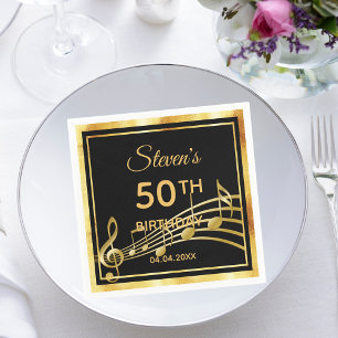 50th birthday party black gold music notes guy napkin