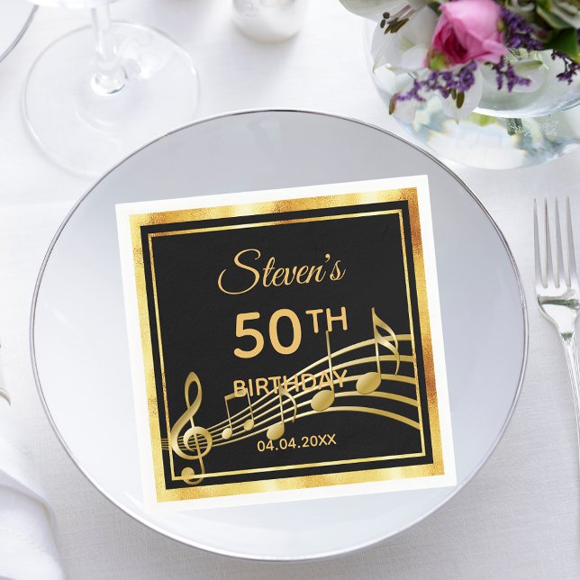 50th birthday party black gold music notes guy napkin (Creator Uploaded)