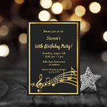 50th birthday party black gold music notes invitation<br><div class="desc">Let's party and dance! A trendy,  modern 50th birthday party invitation card for both men and women.  A classic black background,  with faux gold  frame and music notes,  golden coloured letters. Templates for your party information.  Back: Black colour faux gold music notes.</div>