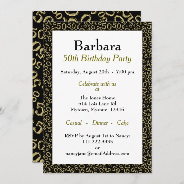 50th Birthday Party Black/Gold Number Pattern Invitation (Front/Back)