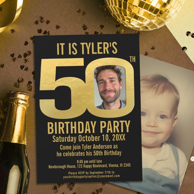 50th Birthday party black gold photo Invitation (Creator Uploaded)