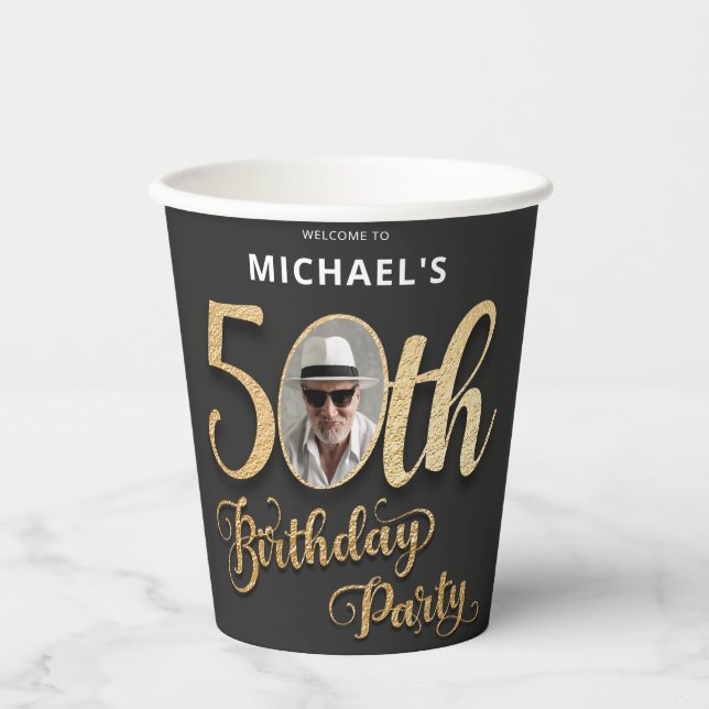 50th Birthday Party Black Gold Text Custom Photo Paper Cups (Front)
