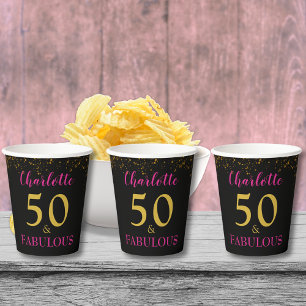 50th Birthday Party Black Pink Gold Personalised Paper Cups