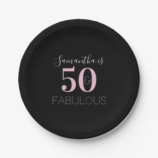 50th Birthday Party Black Pink Paper Plate (Front)