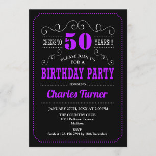 50th Birthday Party - Black Purple Invitation