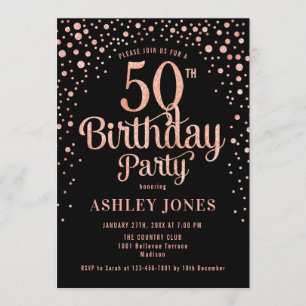 50th Birthday Party - Black & Rose Gold Invitation