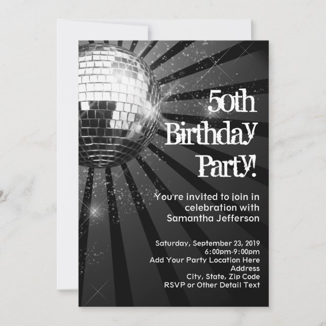 50th Birthday Party Black Sparkle Disco Ball Invitation (Front)