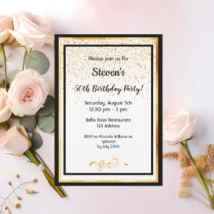 50th birthday party black white and faux gold invitation