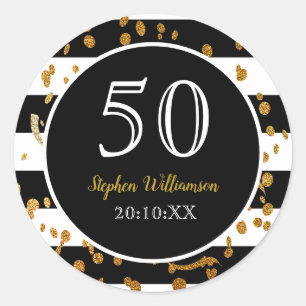 50th Birthday Party Black White and Gold Glitter Classic Round Sticker