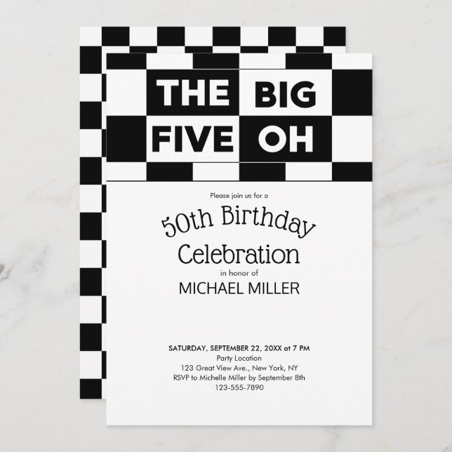 50th Birthday Party Black White Chequered Pattern Invitation (Front/Back)