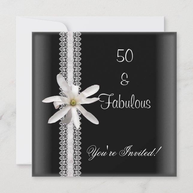 50th Birthday Party Black White Flower Lace Invitation (Front)