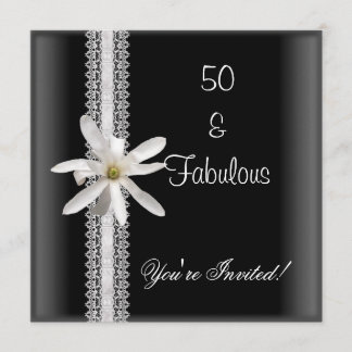50th Birthday Party Black White Flower Lace Invitation