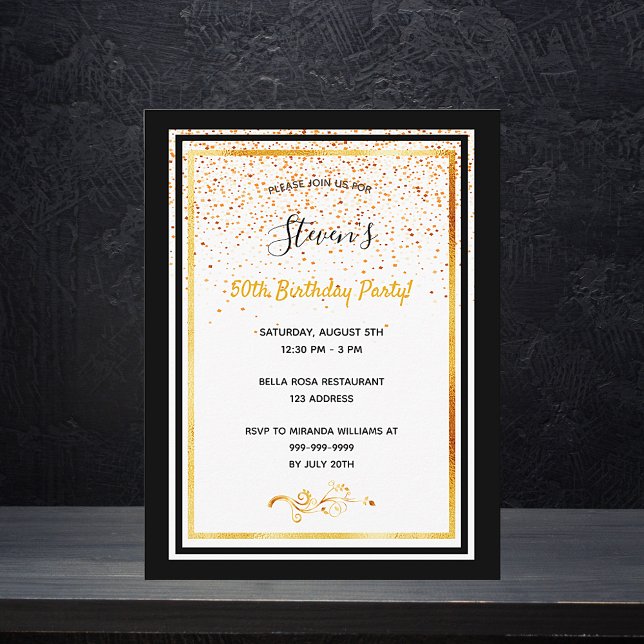 50th birthday party black white gold invitation postcard (Creator Uploaded)
