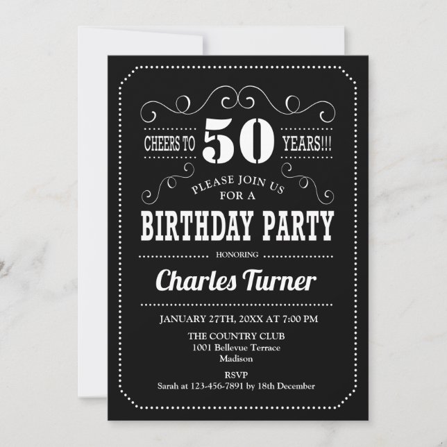 50th Birthday Party - Black White Invitation (Front)