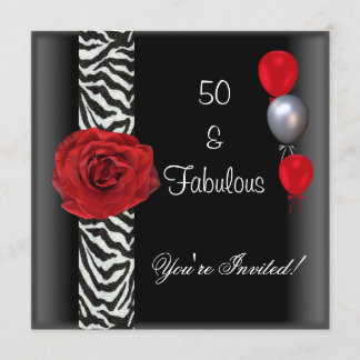 50th Birthday Party Black White Red Rose Zebra Invitation