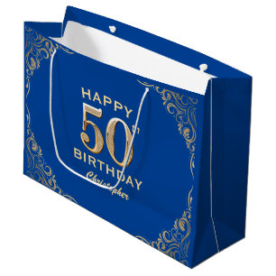 50th Birthday Party Blue and Gold Glitter Frame Large Gift Bag