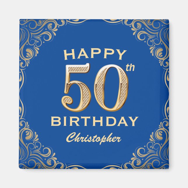 50th Birthday Party Blue and Gold Glitter Frame Magnet (Front)