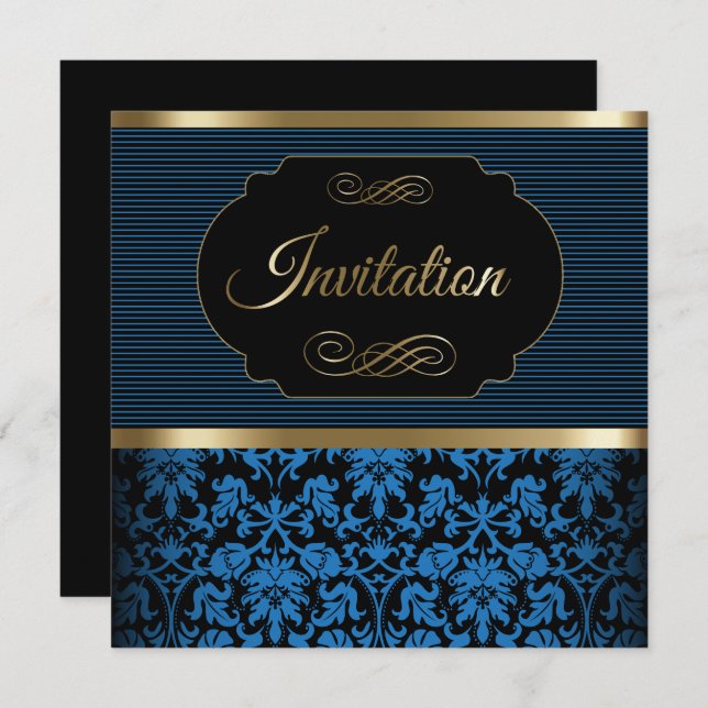 50th Birthday Party | Blue, Gold & Black Damask Invitation (Front/Back)