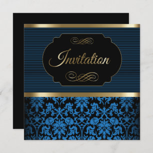 50th Birthday Party   Blue, Gold & Black Damask Invitation