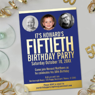 50th Birthday party blue gold foil photo circles